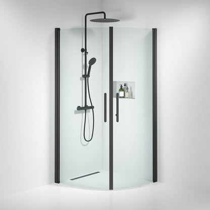 Duschhörna halvrund 80x100x198 cm - 6 mm klart nanoglas - svart profil - Vänern