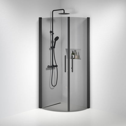Duschhörna halvrund 80x100x198 cm - 6 mm rökfärgat nanoglas - svart profil - Vänern