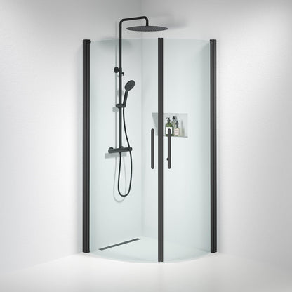 Duschhörna halvrund 80x80x198 cm - 6 mm klart nanoglas - svart profil - Vänern
