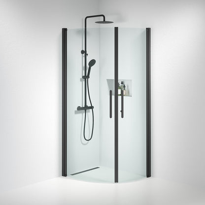 Duschhörna halvrund 80x80x198 cm - 6 mm klart nanoglas - svart profil - Vänern