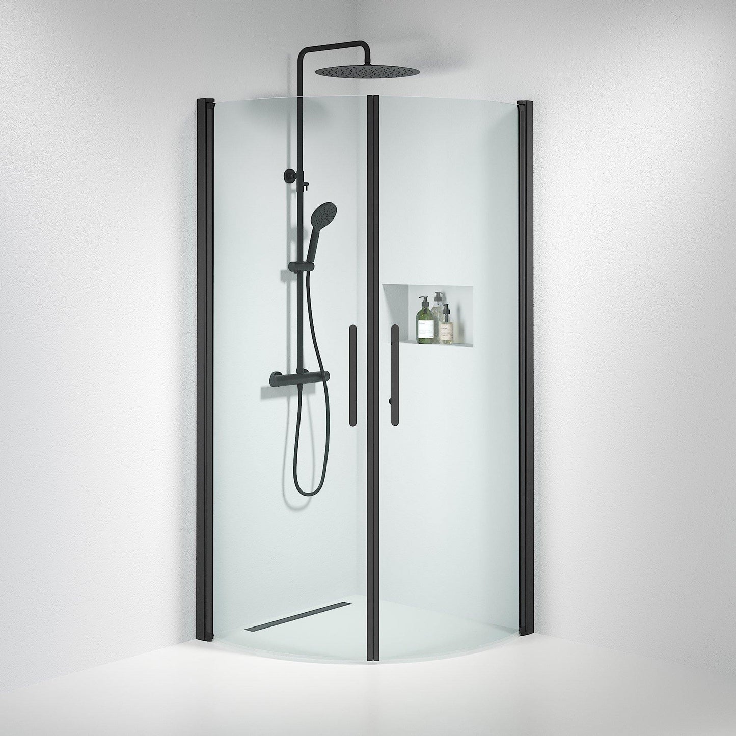 Duschhörna halvrund 80x80x198 cm - 6 mm klart nanoglas - svart profil - Vänern