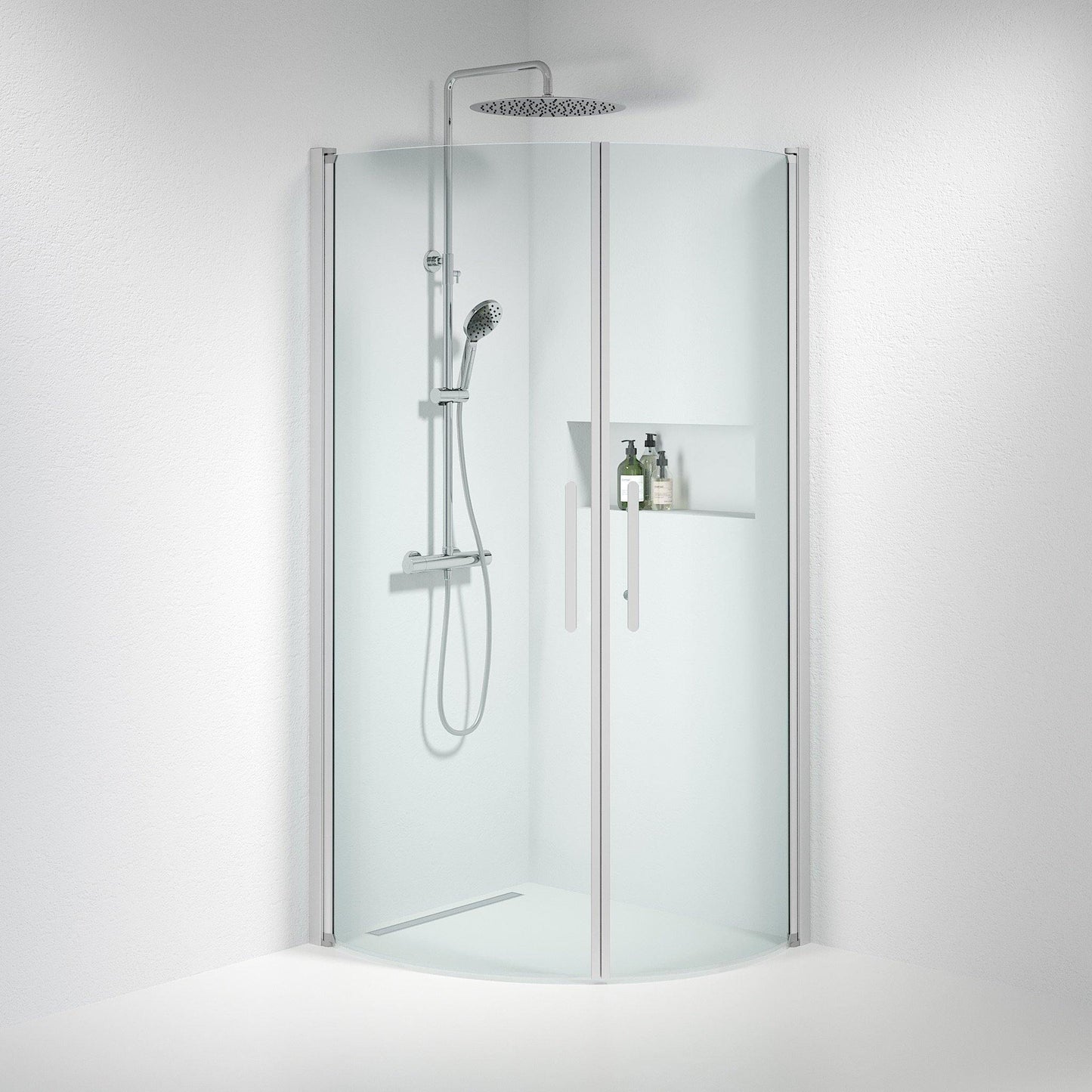 Duschhörna halvrund 80x80x198 cm - 6 mm klart nanoglas - borstad aluminiumprofil - Vänern