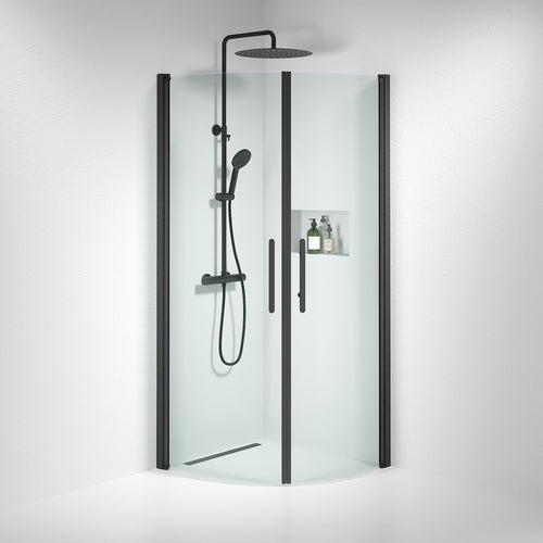 Duschhörna halvrund 80x90x198 cm - 6 mm klart nanoglas - svart profil - Vänern