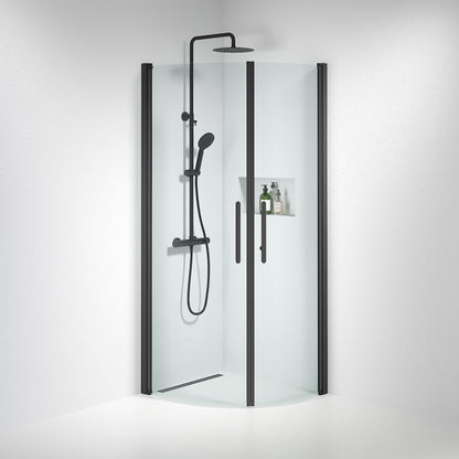 Duschhörna halvrund 80x90x198 cm - 6 mm klart nanoglas - svart profil - Vänern
