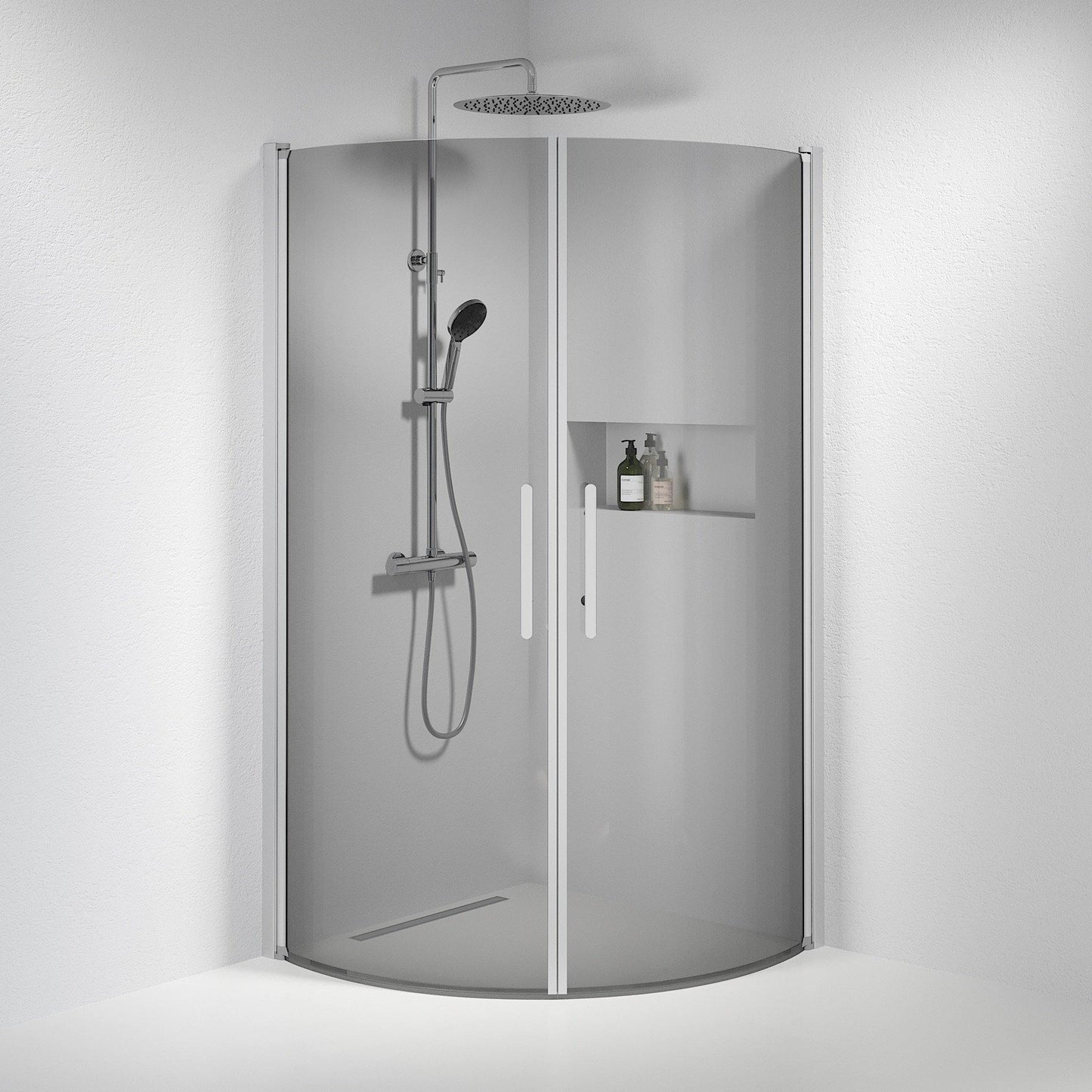 Duschhörna halvrund 80x90x198 cm - 6 mm rökfärgat nanoglas - borstad aluminiumprofil - Vänern