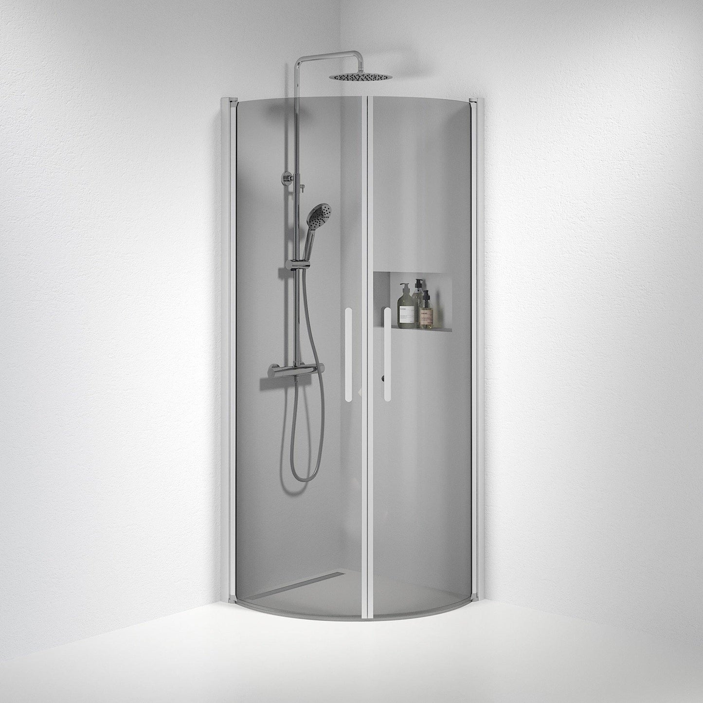 Duschhörna halvrund 80x90x198 cm - 6 mm rökfärgat nanoglas - borstad aluminiumprofil - Vänern
