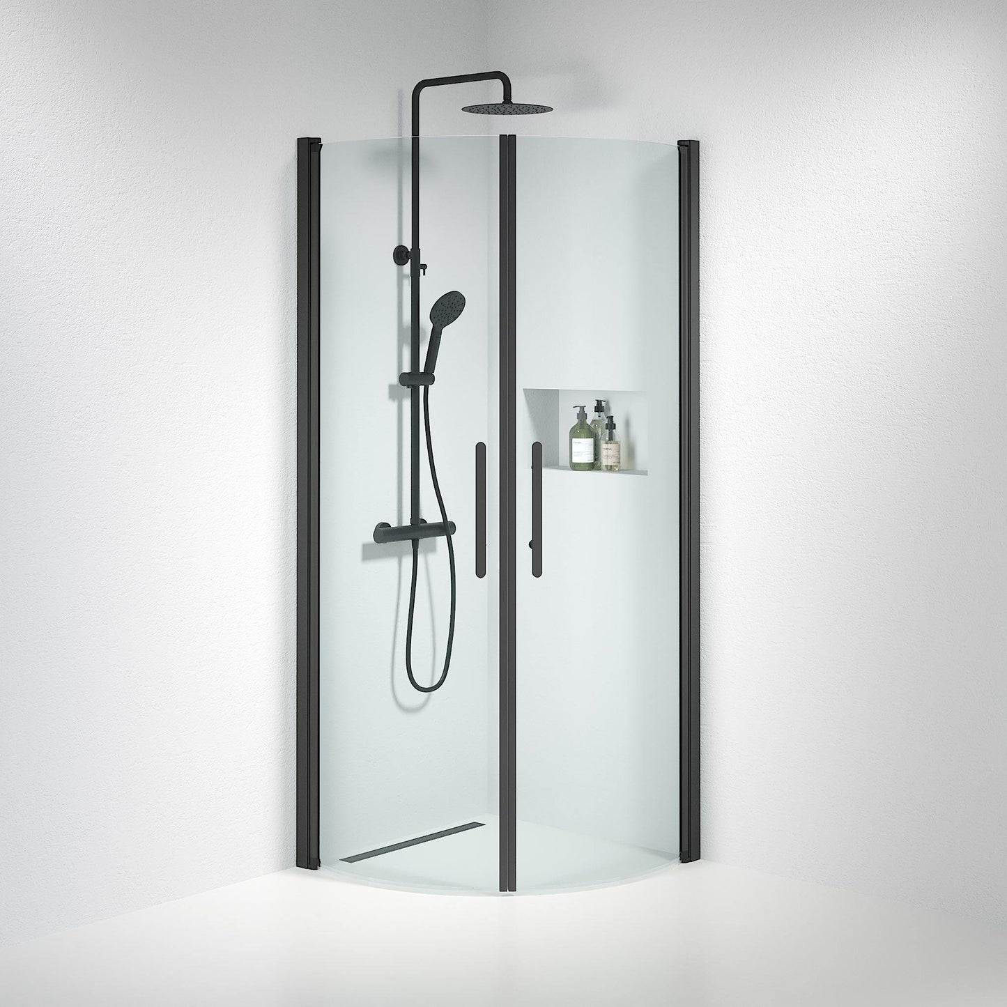 Duschhörna halvrund 90x90x198 cm - 6 mm klart nanoglas - svart profil - Vänern