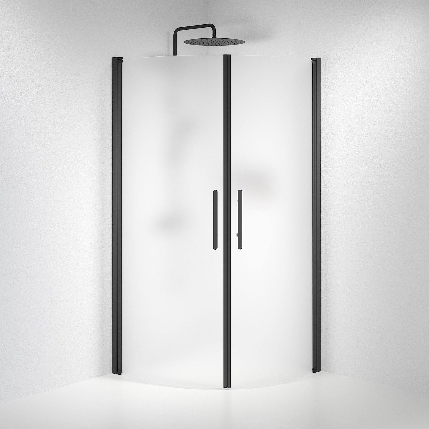 Duschhörna halvrund 90x90x198 cm - 6 mm frostat nanoglas - svart profil - Vänern