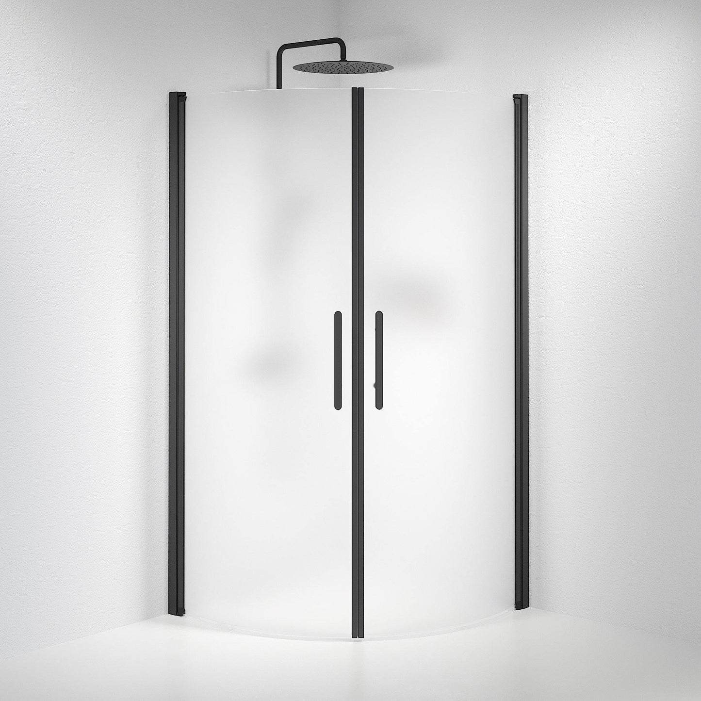 Duschhörna halvrund 90x90x198 cm - 6 mm frostat nanoglas - svart profil - Vänern