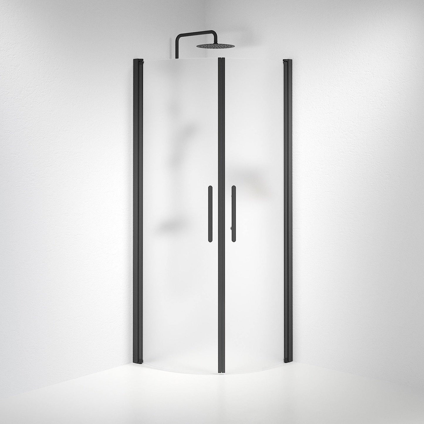 Duschhörna halvrund 90x90x198 cm - 6 mm frostat nanoglas - svart profil - Vänern