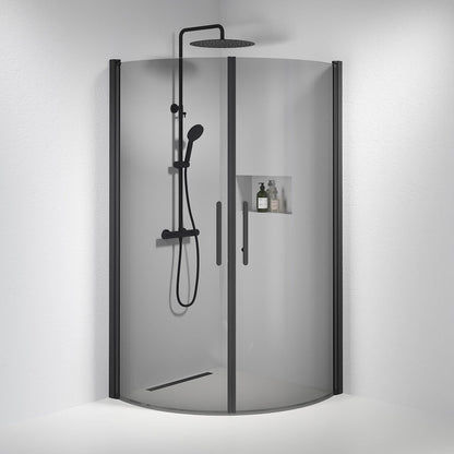 Duschhörna halvrund 90x90x198 cm - 6 mm rökfärgat nanoglas - svart profil - Vänern