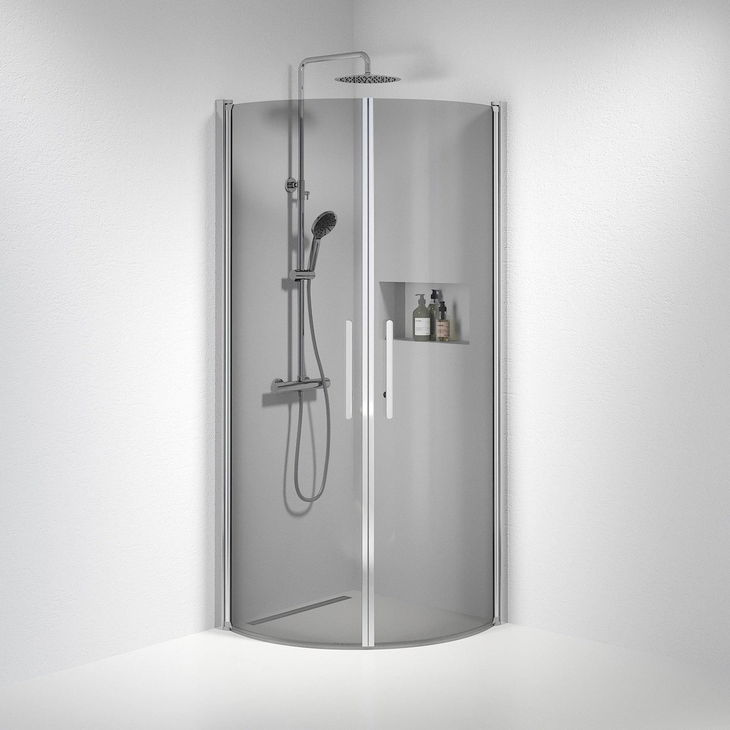 Duschhörna halvrund 90x90x198 cm - 6 mm rökfärgat nanoglas - kromprofil - Vänern