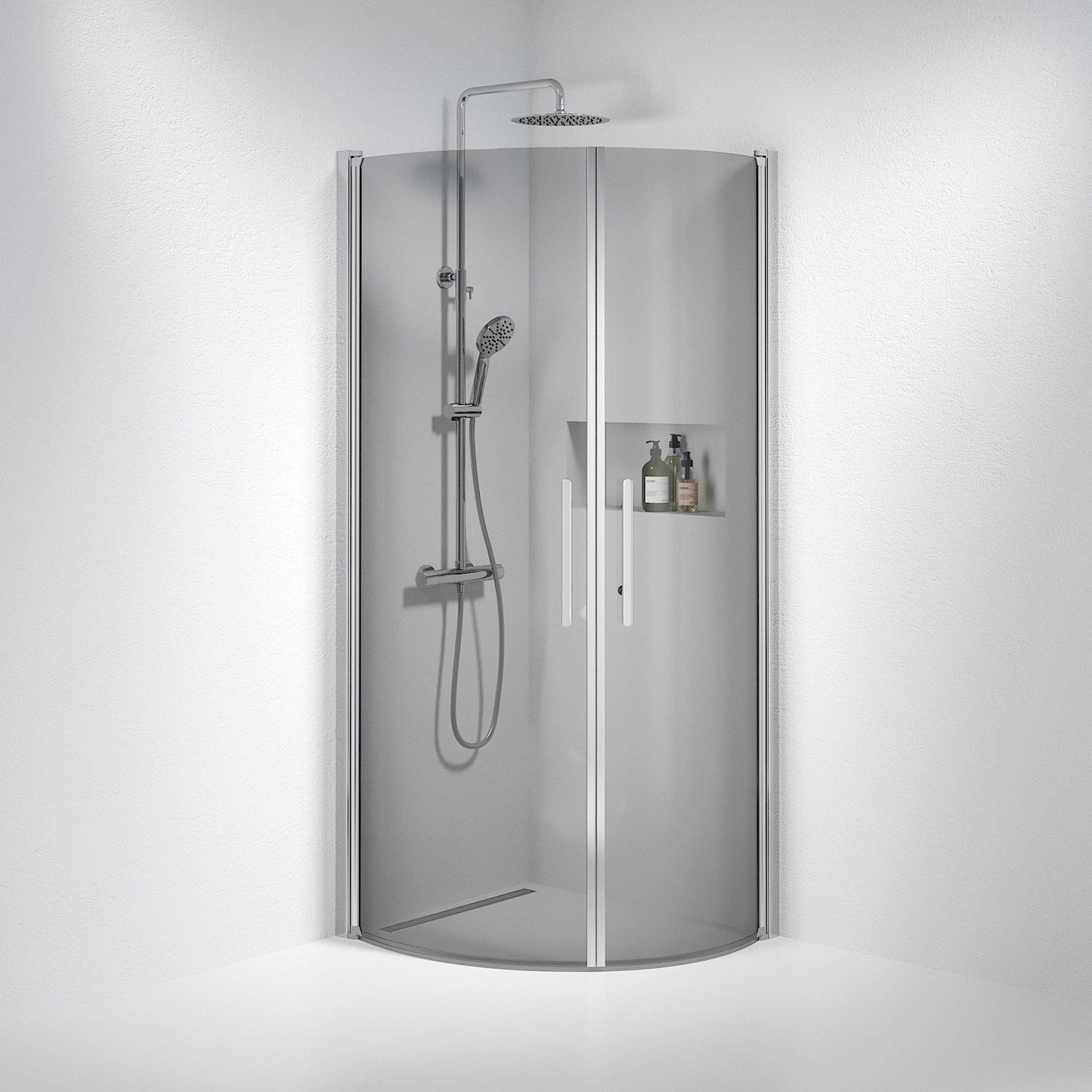Duschhörna halvrund 90x90x198 cm - 6 mm rökfärgat nanoglas - kromprofil - Vänern