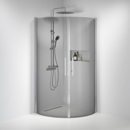 Duschhörna halvrund 90x90x198 cm - 6 mm rökfärgat nanoglas - kromprofil - Vänern