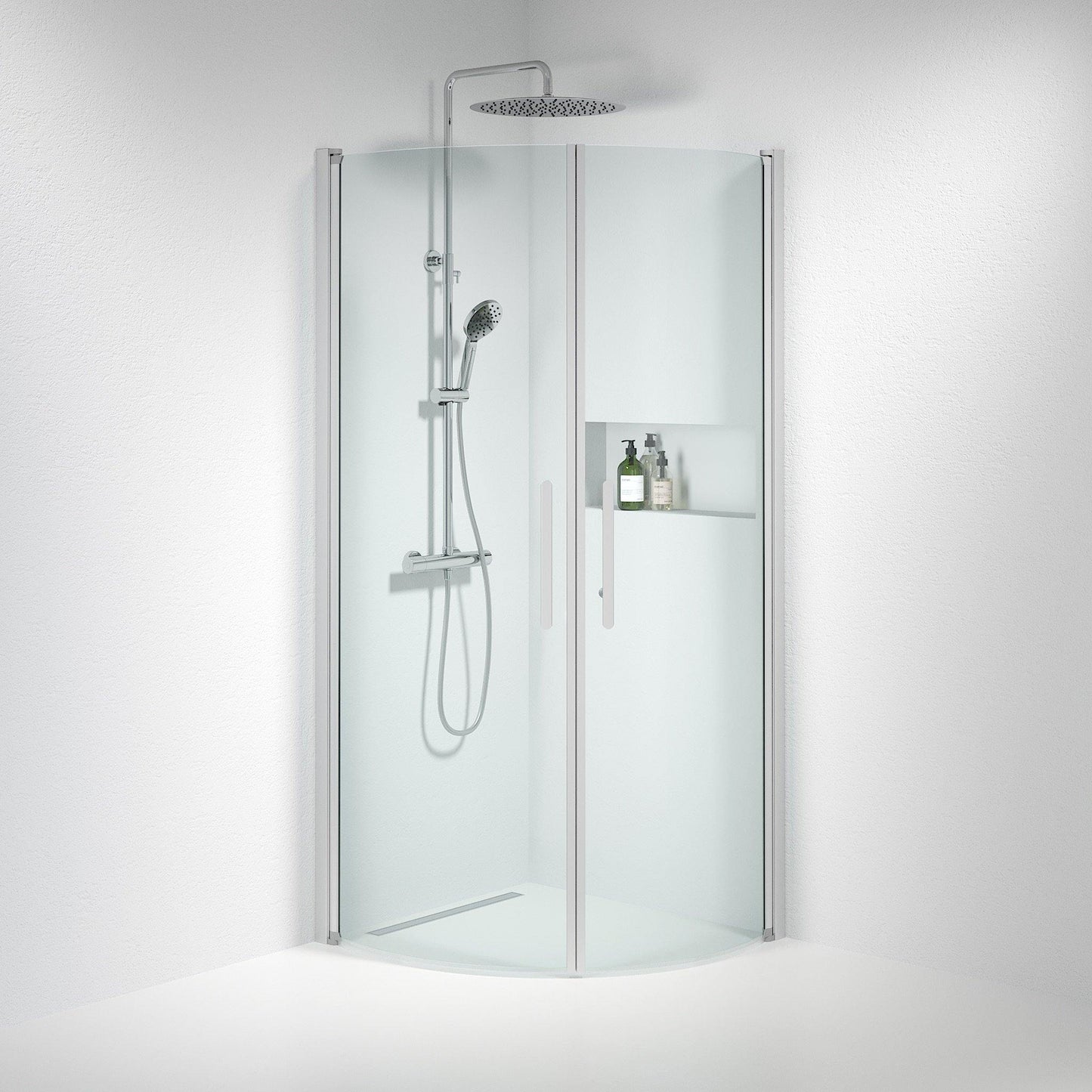 Duschhörna halvrund 90x90x198 cm - 6 mm klart nanoglas - borstad aluminiumprofil - Vänern