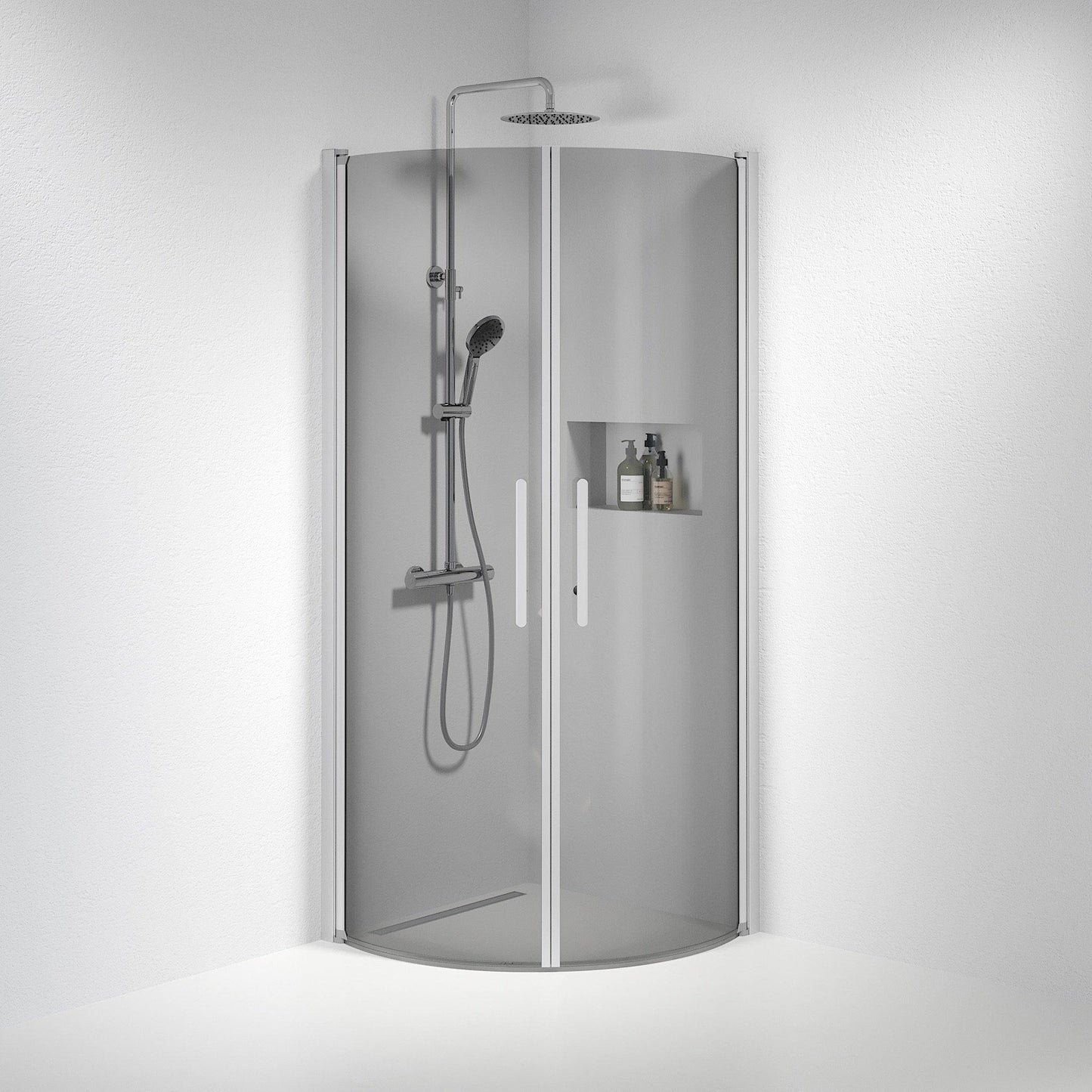 Duschhörna halvrund 90x90x198 cm - 6 mm rökfärgat nanoglas - borstad aluminiumprofil - Vänern