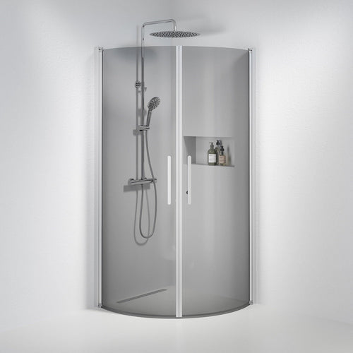 Duschhörna halvrund 90x90x198 cm - 6 mm rökfärgat nanoglas - borstad aluminiumprofil - Vänern