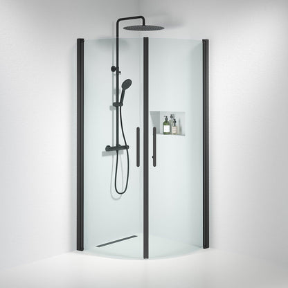 Duschhörna halvrund 90x100x198 cm - 6 mm klart nanoglas - svart profil - Vänern