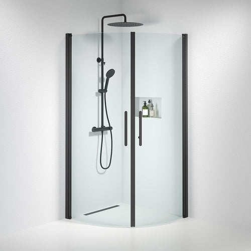 Duschhörna halvrund 90x100x198 cm - 6 mm klart nanoglas - svart profil - Vänern