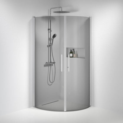 Duschhörna halvrund 90x100x198 cm - 6 mm rökfärgat nanoglas - borstad aluminiumprofil - Vänern