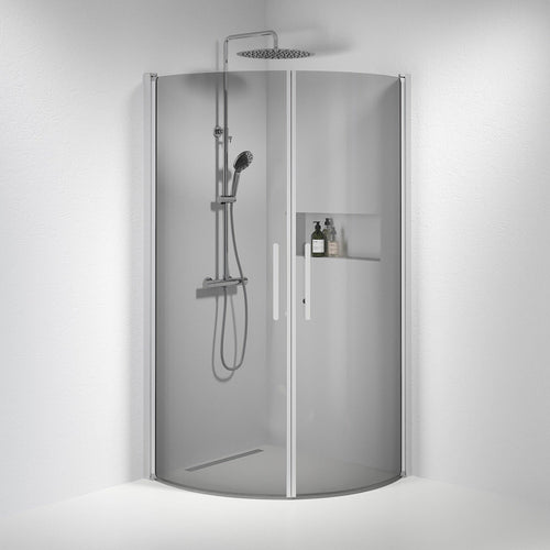 Duschhörna halvrund 90x100x198 cm - 6 mm rökfärgat nanoglas - borstad aluminiumprofil - Vänern