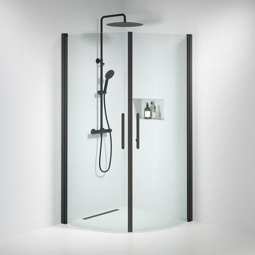 Duschhörna halvrund 100x100x198 cm - 6 mm klart nanoglas - svart profil - Vänern