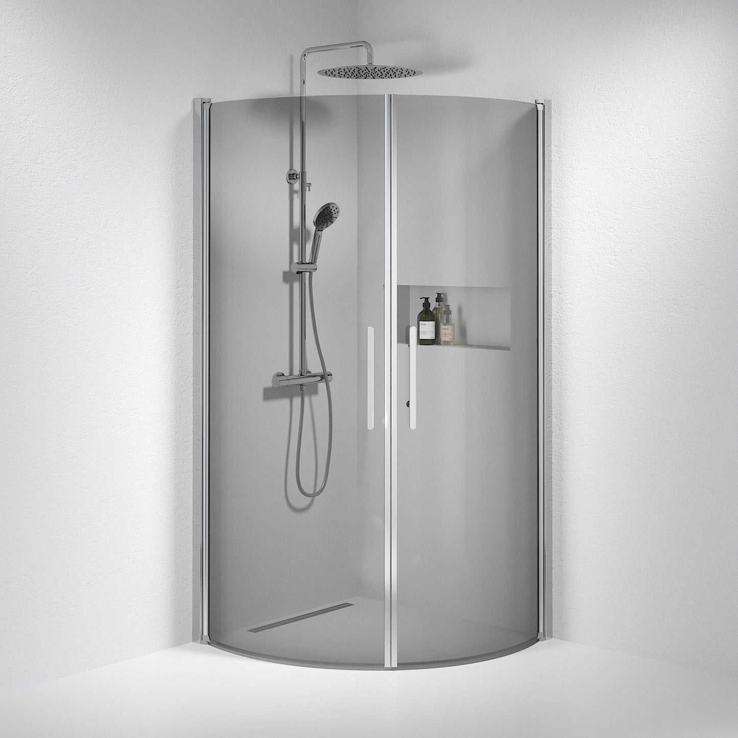 Duschhörna halvrund 100x100x198 cm - 6 mm rökfärgat nanoglas - kromprofil - Vänern