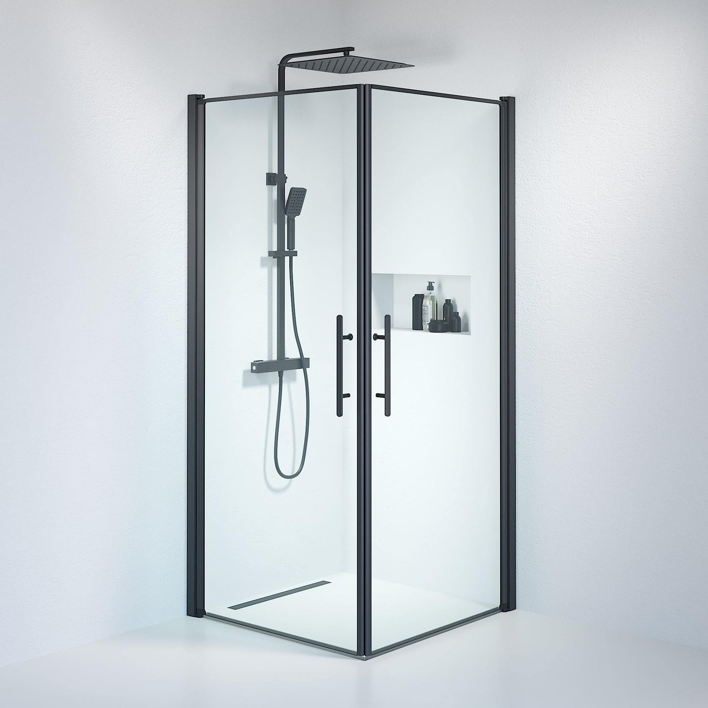 Duschhörna fyrkantig 70x100x198 cm - 6 mm klart nanoglas - svart profil - Vänern