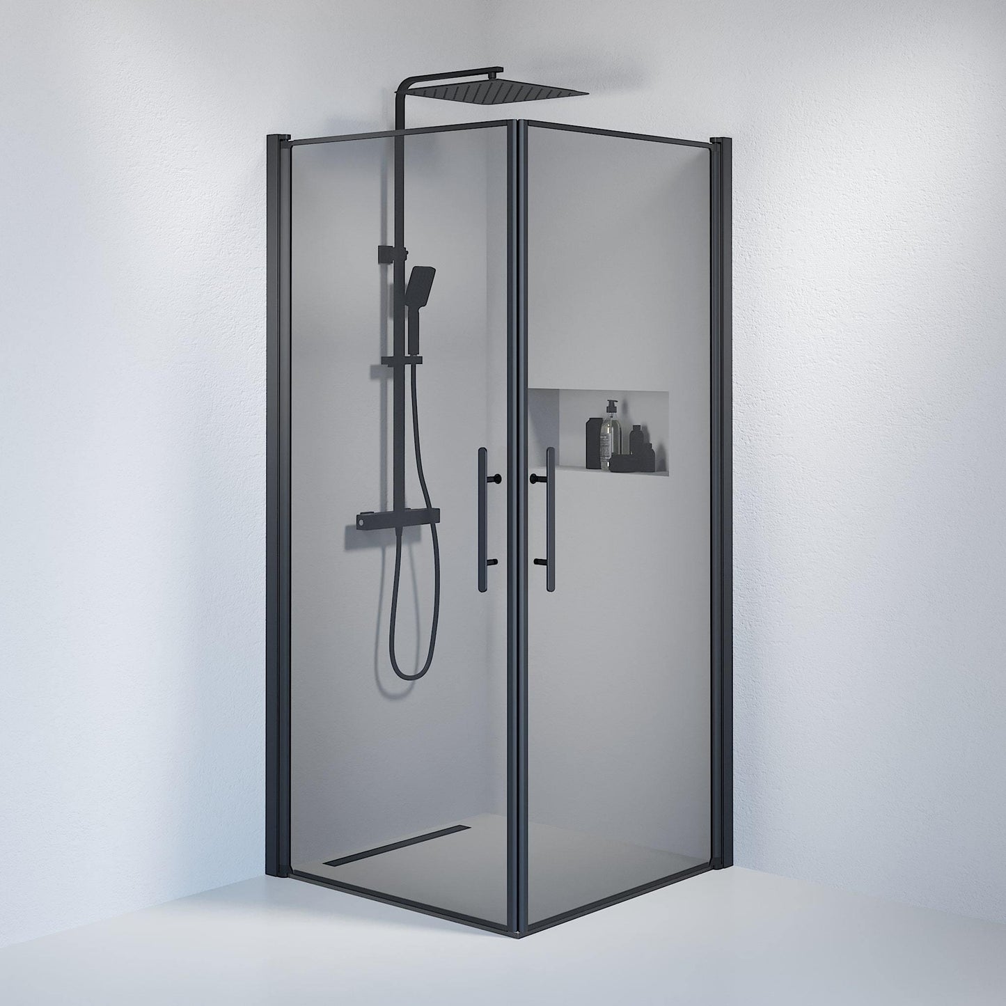 Duschhörna fyrkantig 70x80x198 cm - 6 mm rökfärgat nanoglas - svart profil - Vänern
