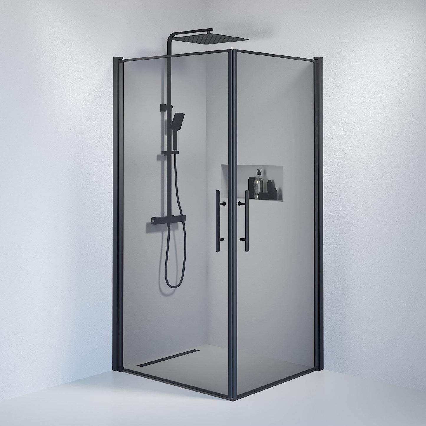 Duschhörna fyrkantig 70x80x198 cm - 6 mm rökfärgat nanoglas - svart profil - Vänern