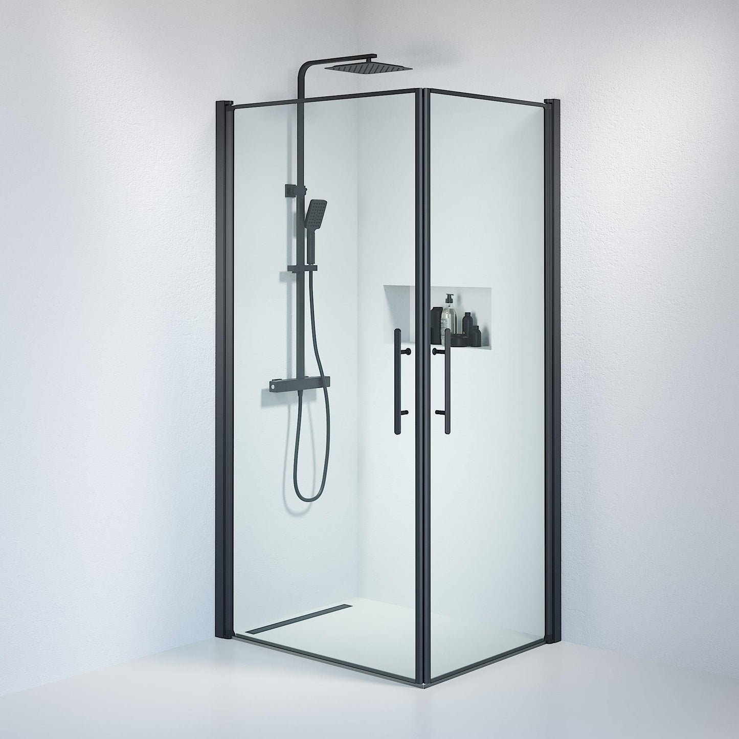 Duschhörna fyrkantig 70x90x198 cm - 6 mm klart nanoglas - svart profil - Vänern