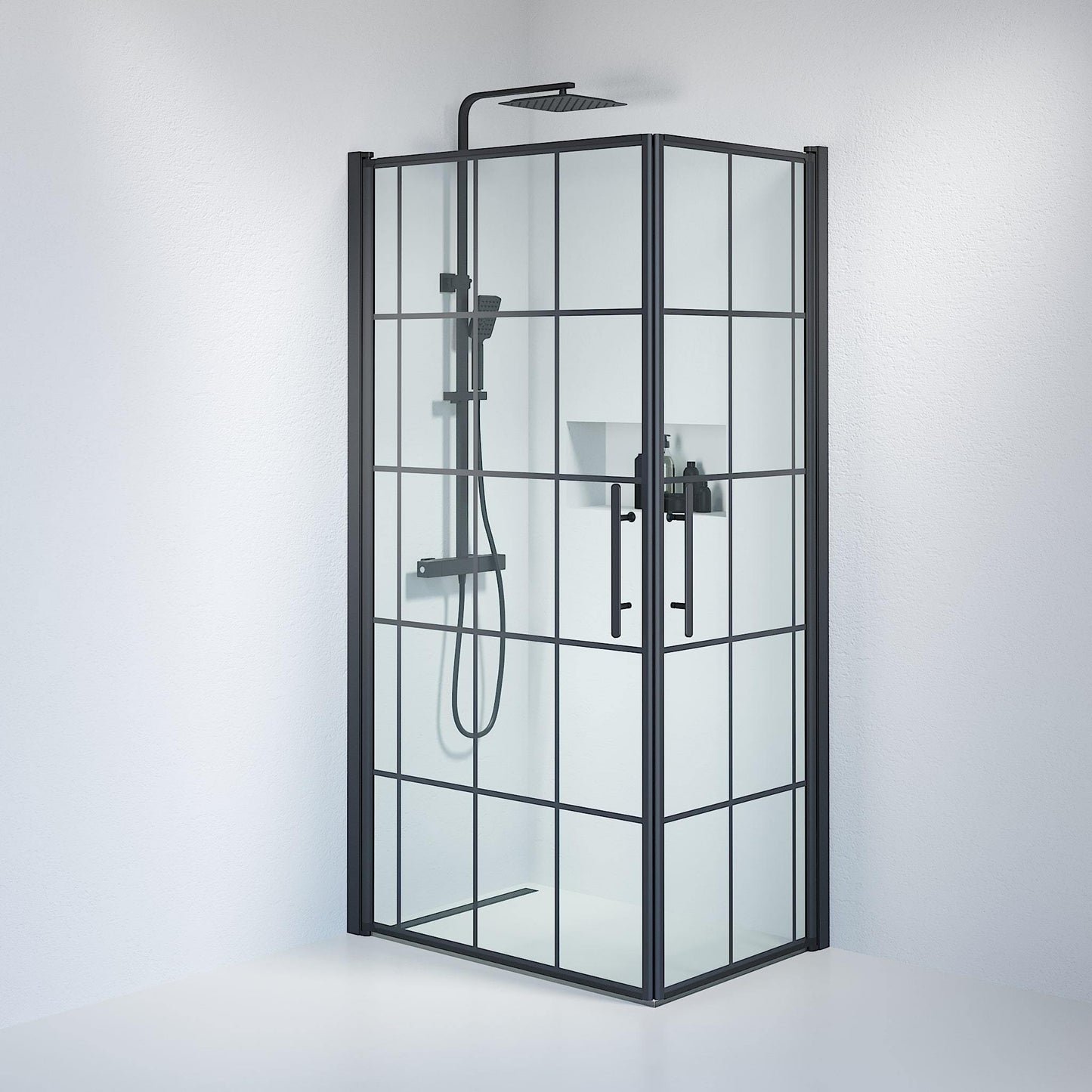 Duschhörna fyrkantig 80x100x198 cm - 6 mm klart nanoglas med svarta spröjs - svart profil - Vänern