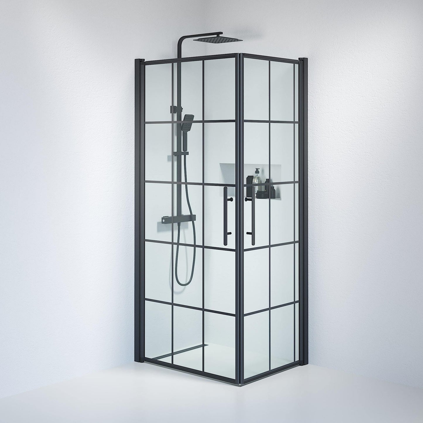 Duschhörna fyrkantig 80x100x198 cm - 6 mm klart nanoglas med svarta spröjs - svart profil - Vänern