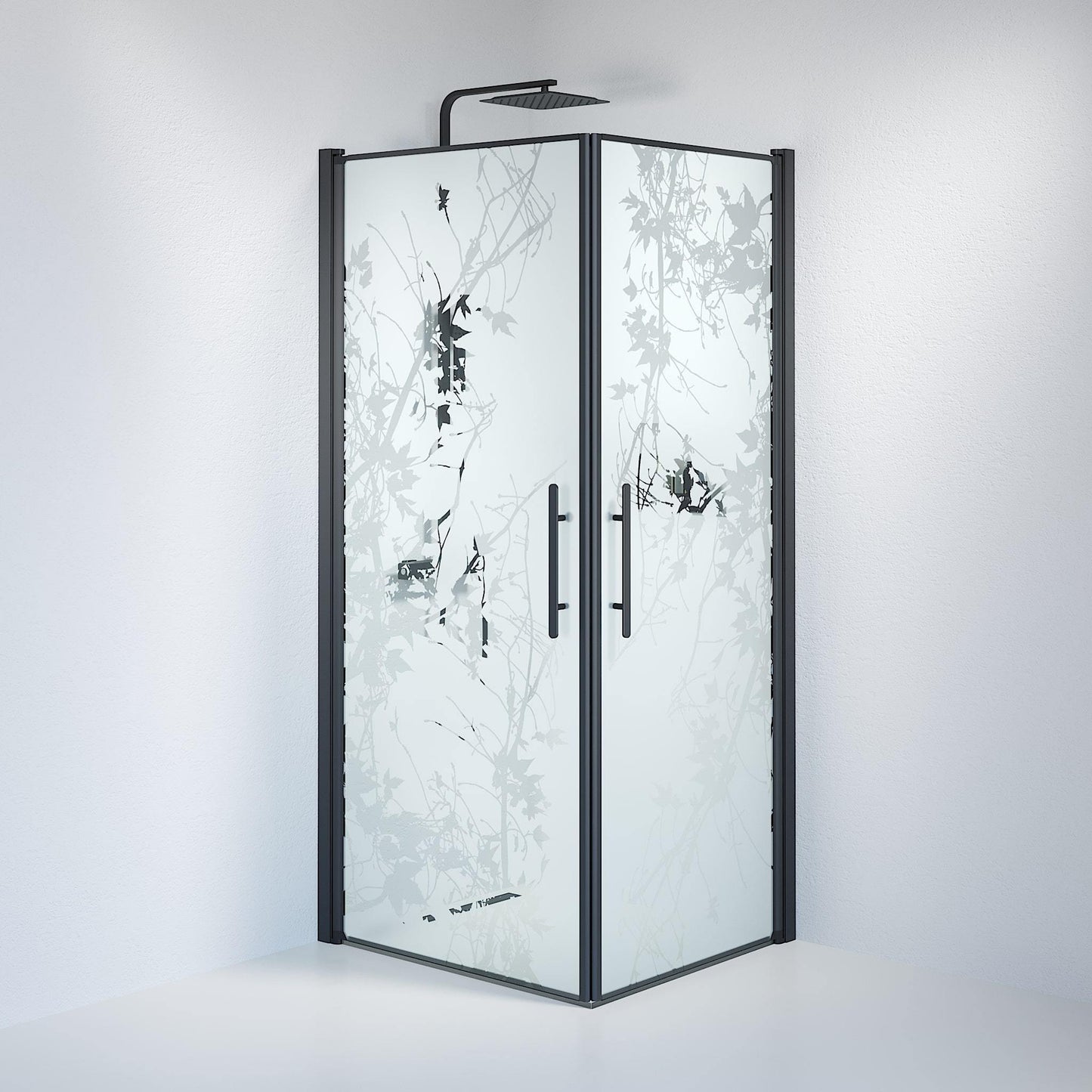 Duschhörna fyrkantig 80x80x198 cm - 6 mm frostad dekor nanoglas - svart profil - Vänern