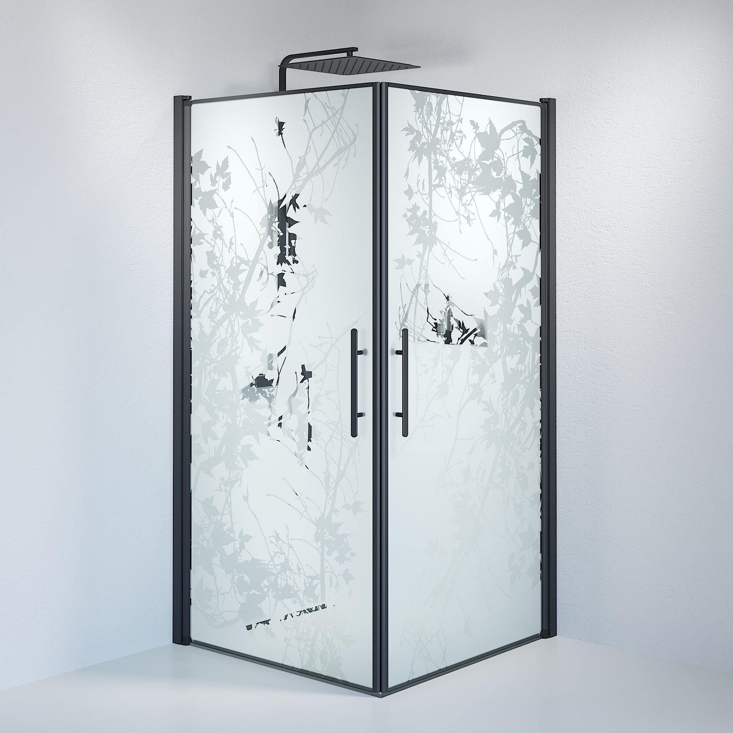Duschhörna fyrkantig 80x80x198 cm - 6 mm frostad dekor nanoglas - svart profil - Vänern