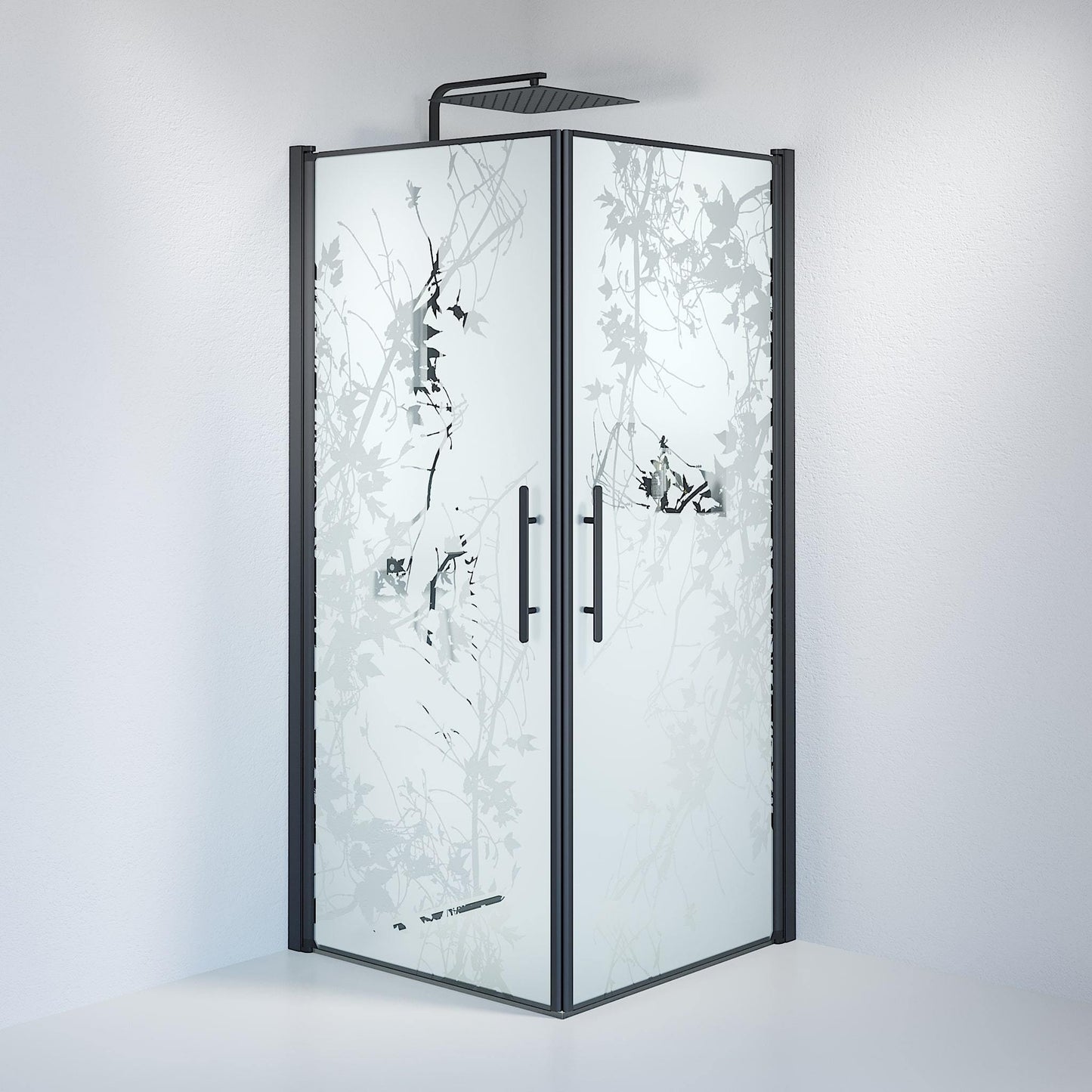 Duschhörna fyrkantig 80x80x198 cm - 6 mm frostad dekor nanoglas - svart profil - Vänern