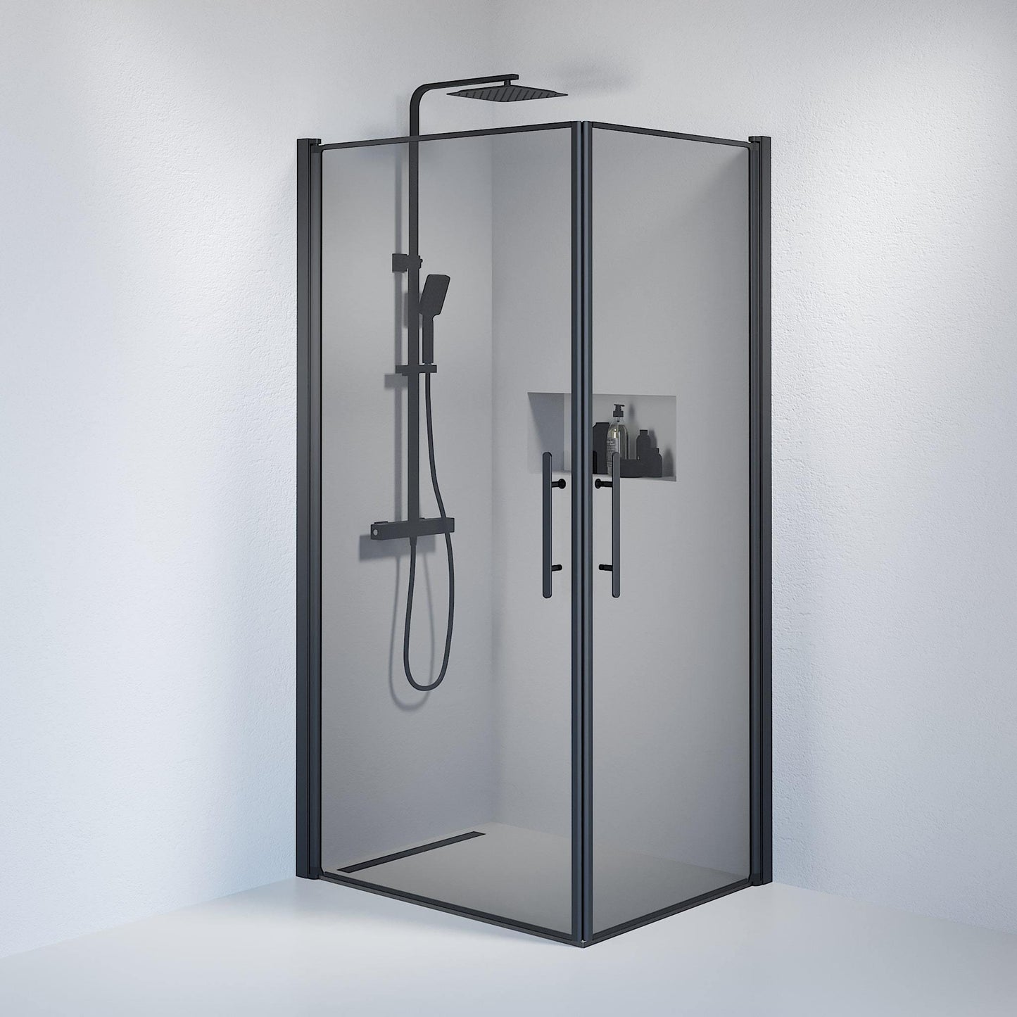 Duschkabin fyrkantig 80x80x198 cm - 6 mm rökfärgat nanoglas - svart profil - Vänern
