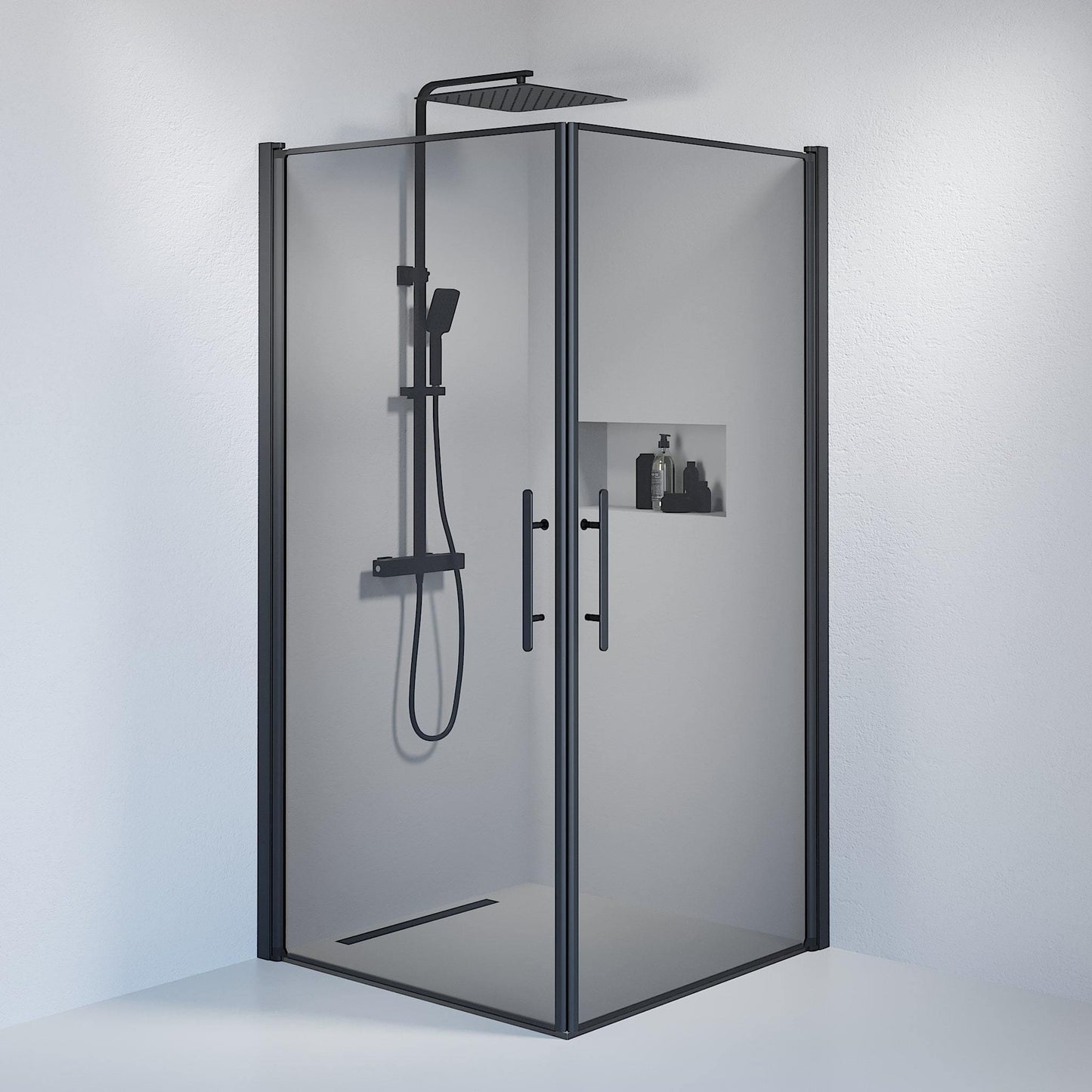 Duschkabin fyrkantig 80x80x198 cm - 6 mm rökfärgat nanoglas - svart profil - Vänern