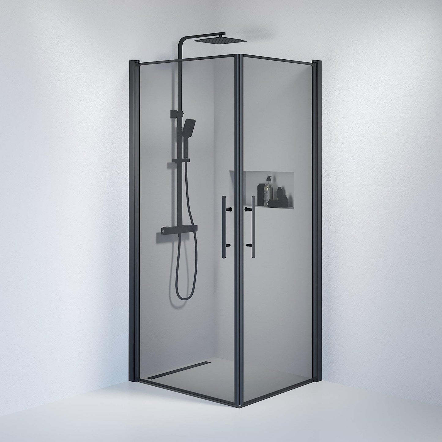 Duschkabin fyrkantig 80x80x198 cm - 6 mm rökfärgat nanoglas - svart profil - Vänern