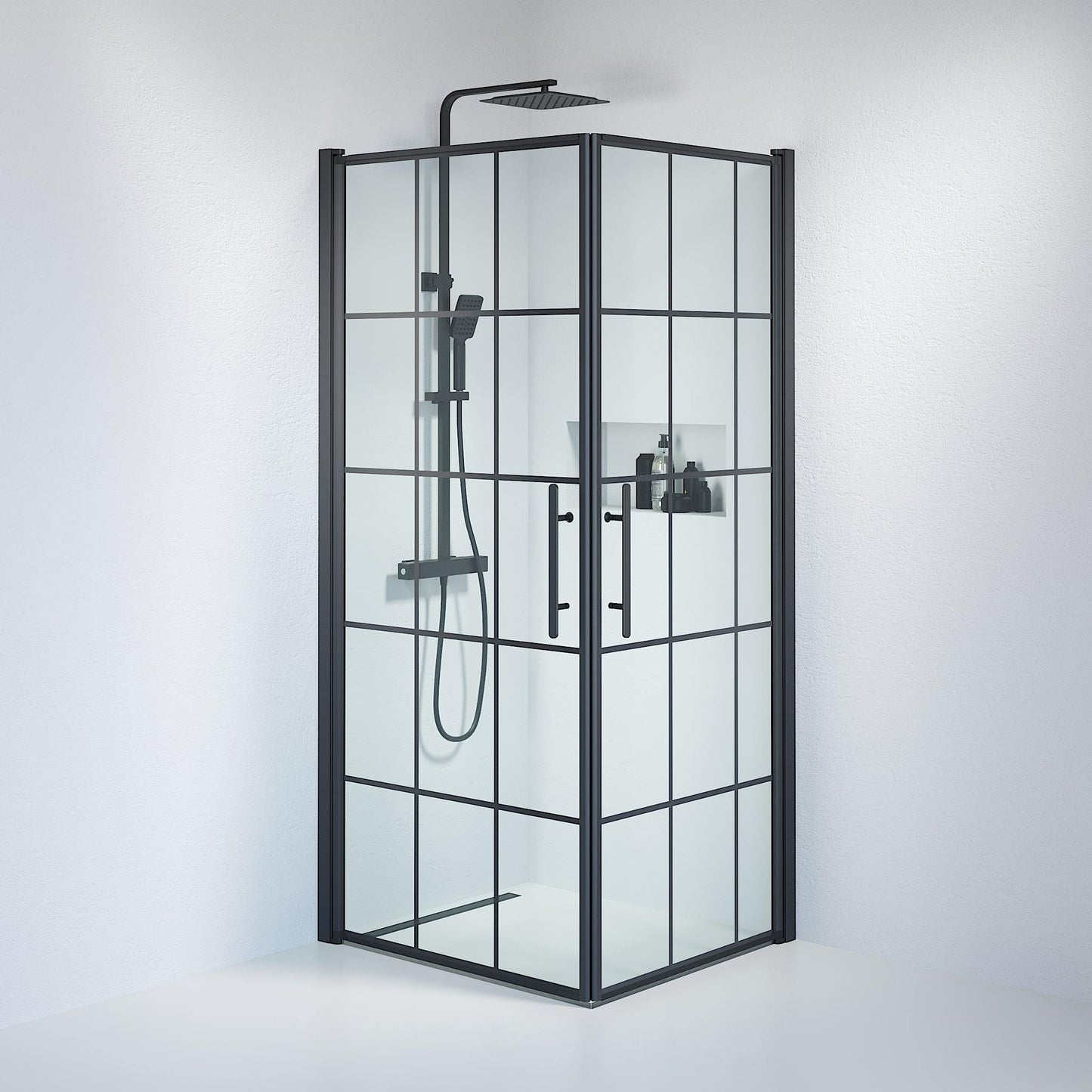 Duschhörna fyrkantig 80x80x198 cm - 6 mm klart nanoglas med svarta spröjs - svart profil - Vänern