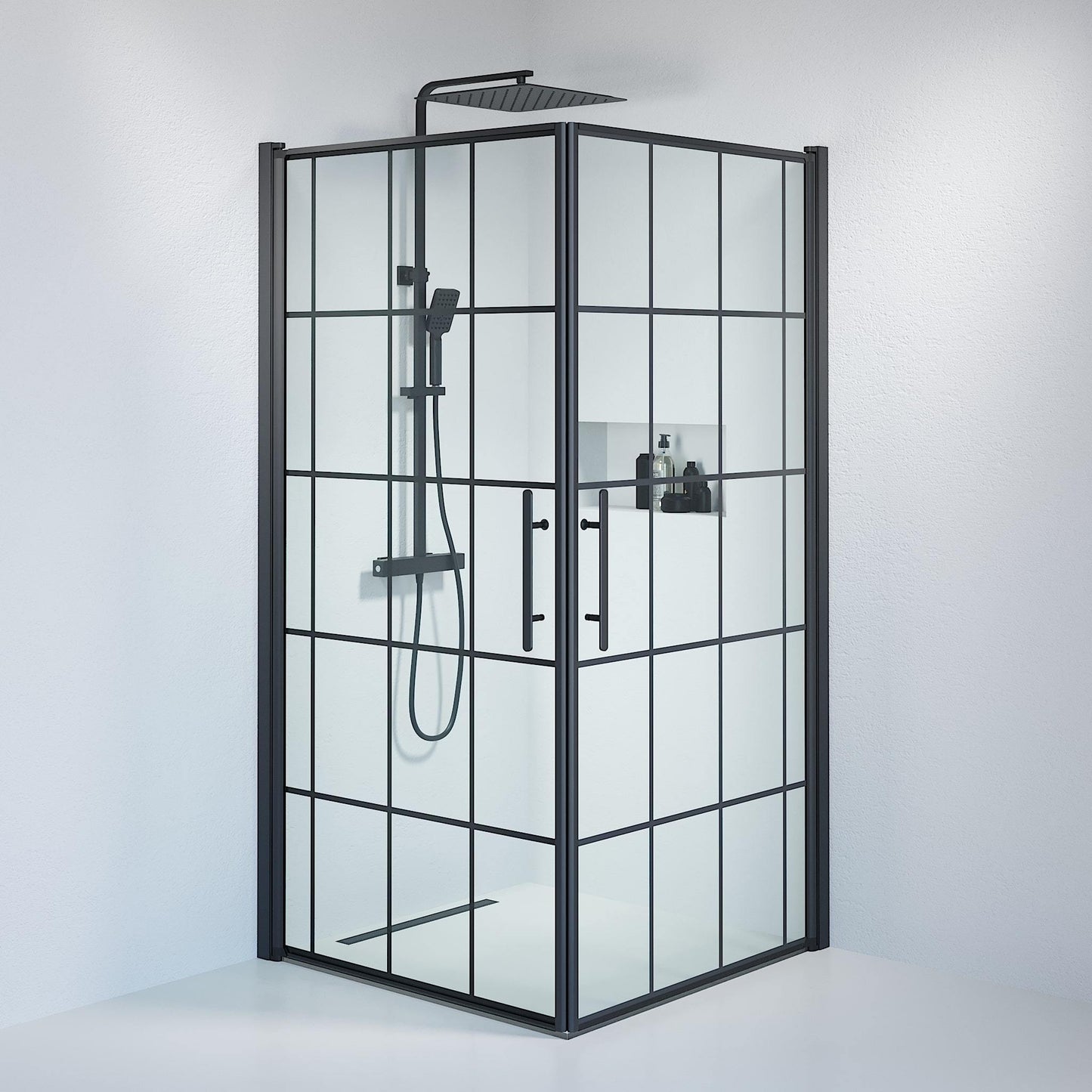 Duschhörna fyrkantig 80x80x198 cm - 6 mm klart nanoglas med svarta spröjs - svart profil - Vänern