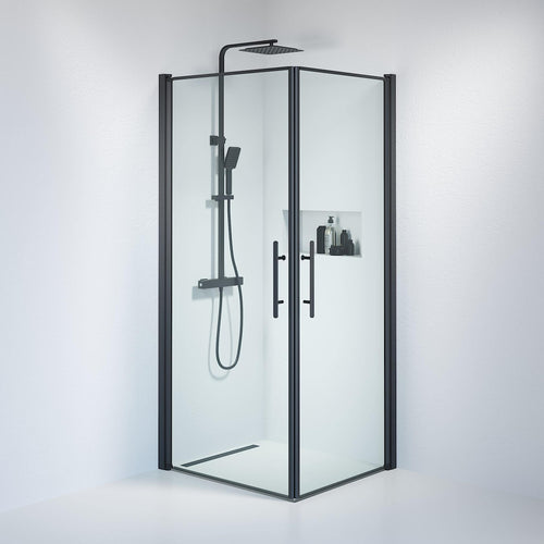 Duschhörna fyrkantig 80x90x198 cm - 6 mm klart nanoglas - svart profil - Vänern
