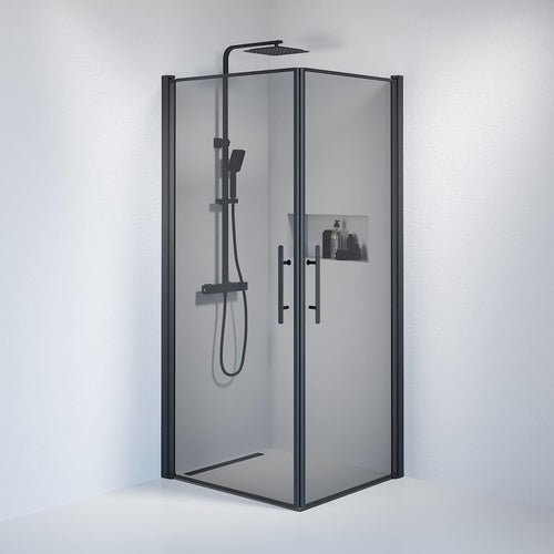 Duschhörna fyrkantig 80x90x198 cm - 6 mm rökfärgat nanoglas - svart profil - Vänern