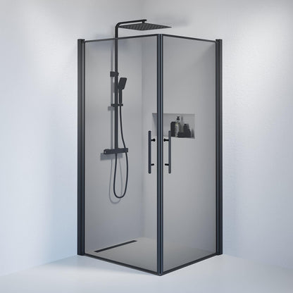 Duschkabin fyrkantig 90x90x198 cm - 6 mm rökfärgat nanoglas - svart profil - Vänern
