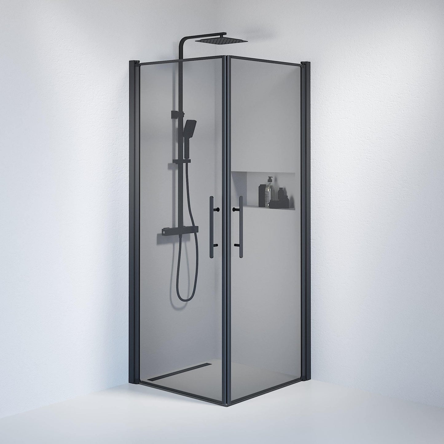 Duschkabin fyrkantig 90x90x198 cm - 6 mm rökfärgat nanoglas - svart profil - Vänern