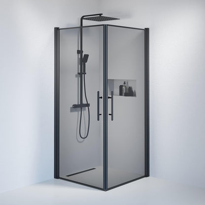 Duschkabin fyrkantig 90x90x198 cm - 6 mm rökfärgat nanoglas - svart profil - Vänern