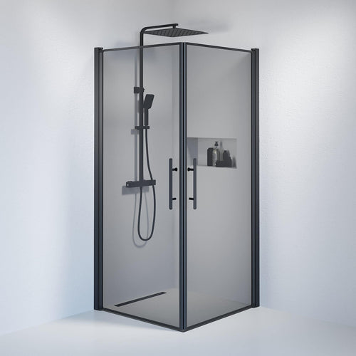 Duschkabin fyrkantig 90x90x198 cm - 6 mm rökfärgat nanoglas - svart profil - Vänern