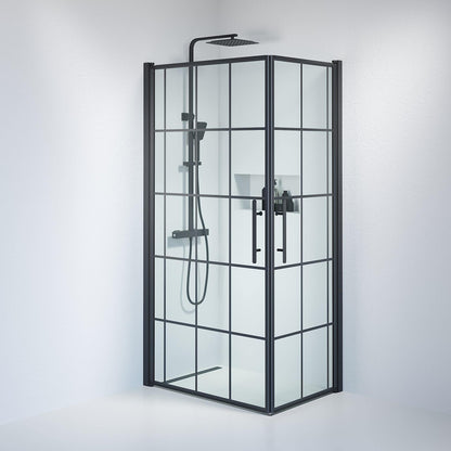 Duschhörna fyrkantig 90x90x198 cm - 6 mm klart nanoglas med svarta spröjs - svart profil - Vänern