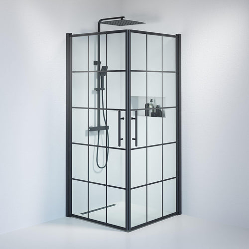 Duschhörna fyrkantig 90x90x198 cm - 6 mm klart nanoglas med svarta spröjs - svart profil - Vänern