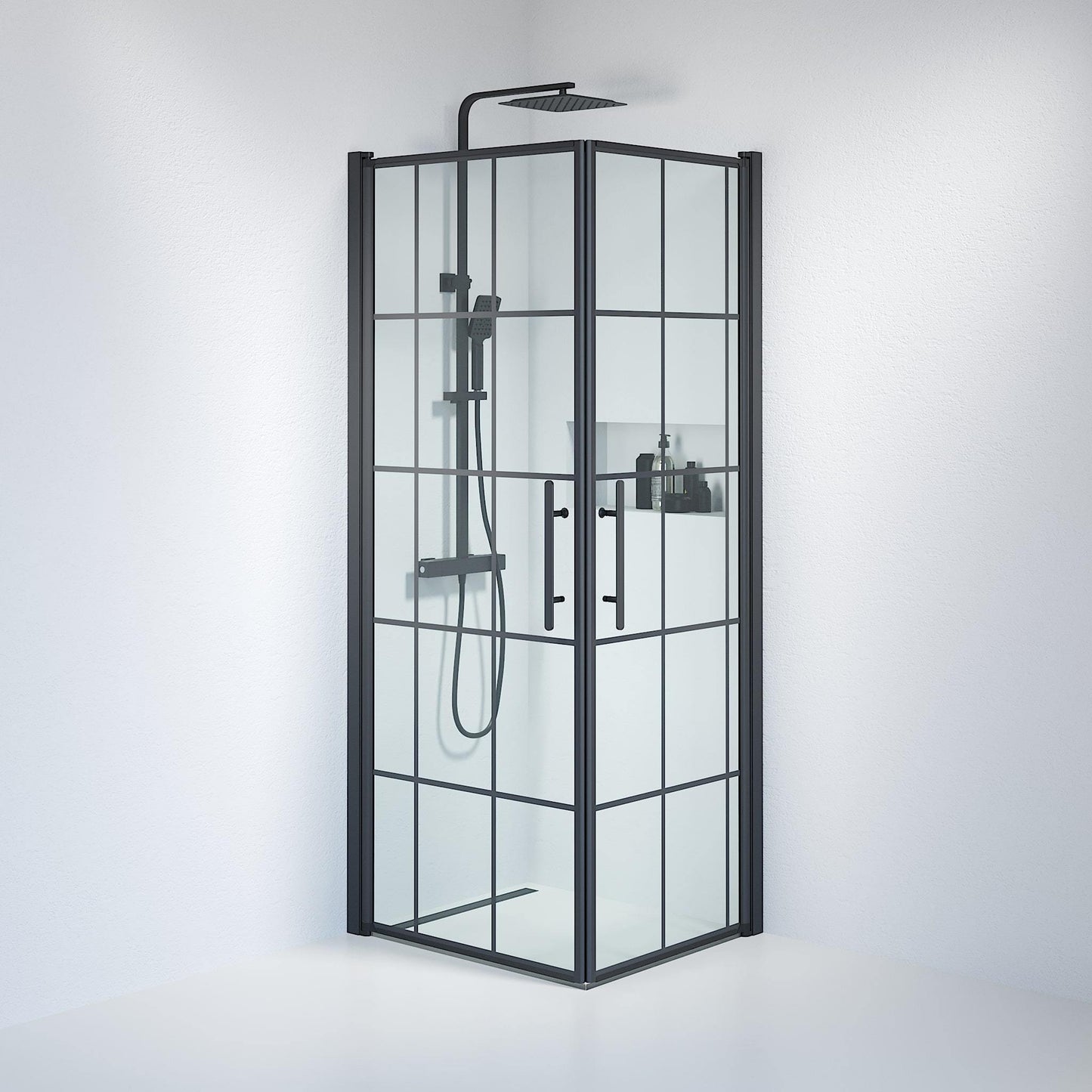 Duschhörna fyrkantig 90x90x198 cm - 6 mm klart nanoglas med svarta spröjs - svart profil - Vänern